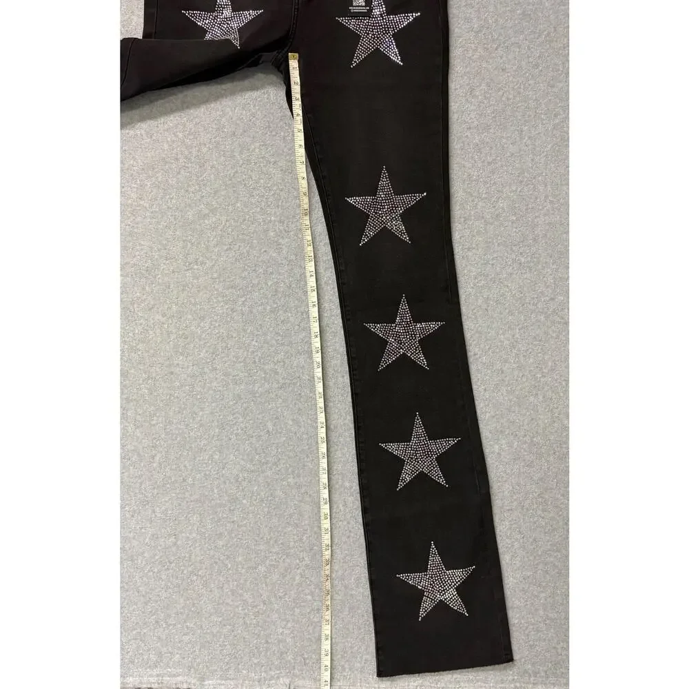 Rockstar Original Stargirl Super Stacked Flare Jeans Black Rhinestone XL NWT